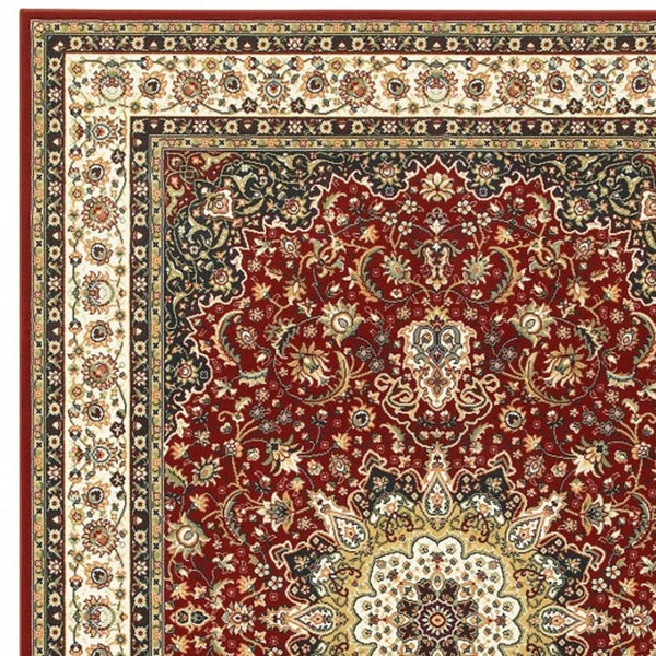 HomeRoots 5' Elegant Red and Ivory Floral Medallion Area Rug - Durable, Stain-Resistant Design for Any Room 5' X 8' 388313