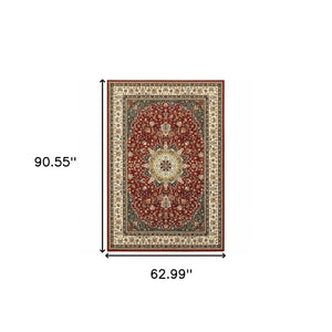 HomeRoots 5' Elegant Red and Ivory Floral Medallion Area Rug - Durable, Stain-Resistant Design for Any Room 5' X 8' 388313