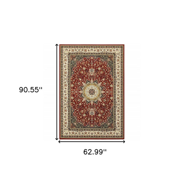 HomeRoots 5' Elegant Red and Ivory Floral Medallion Area Rug - Durable, Stain-Resistant Design for Any Room 5' X 8' 388313