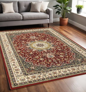 HomeRoots 5' Elegant Red and Ivory Floral Medallion Area Rug - Durable, Stain-Resistant Design for Any Room 5' X 8' 388313