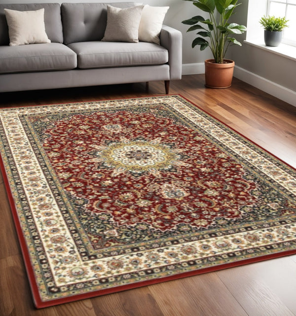 HomeRoots 5' Elegant Red and Ivory Floral Medallion Area Rug - Durable, Stain-Resistant Design for Any Room 5' X 8' 388313