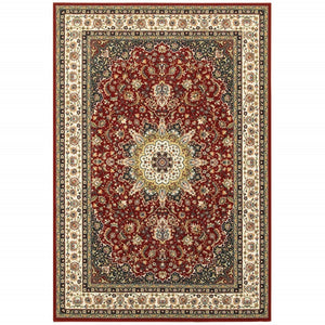 HomeRoots 5' Elegant Red and Ivory Floral Medallion Area Rug - Durable, Stain-Resistant Design for Any Room 6' X 9' 388314