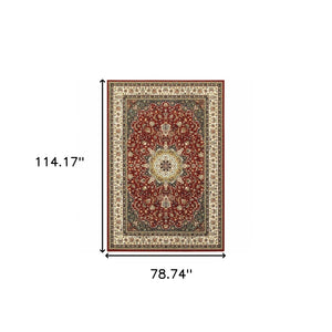 HomeRoots 5' Elegant Red and Ivory Floral Medallion Area Rug - Durable, Stain-Resistant Design for Any Room 6' X 9' 388314