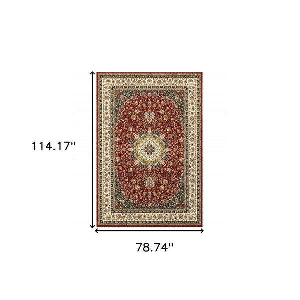 HomeRoots 5' Elegant Red and Ivory Floral Medallion Area Rug - Durable, Stain-Resistant Design for Any Room 6' X 9' 388314
