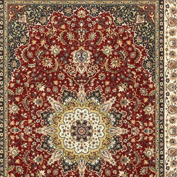 HomeRoots 5' Elegant Red and Ivory Floral Medallion Area Rug - Durable, Stain-Resistant Design for Any Room 6' X 9' 388314