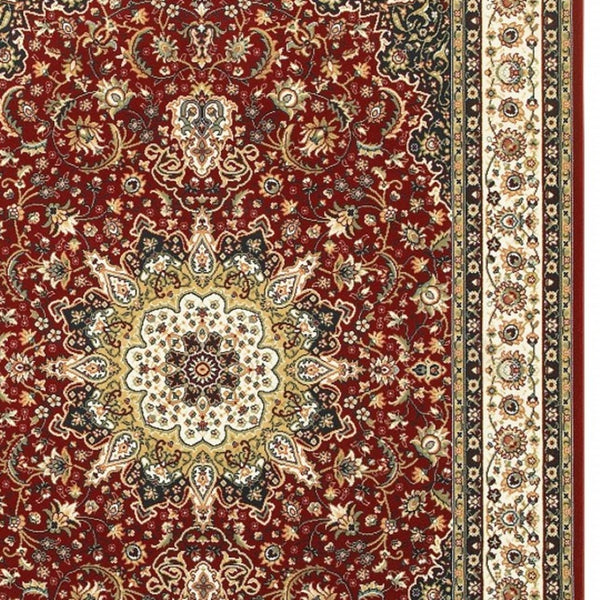 HomeRoots 5' Elegant Red and Ivory Floral Medallion Area Rug - Durable, Stain-Resistant Design for Any Room 7' X 10' 388315