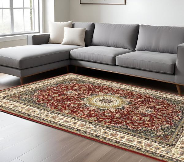 HomeRoots 5' Elegant Red and Ivory Floral Medallion Area Rug - Durable, Stain-Resistant Design for Any Room 7' X 10' 388315