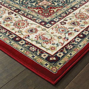 HomeRoots 5' Elegant Red and Ivory Floral Medallion Area Rug - Durable, Stain-Resistant Design for Any Room 9' X 12' 388316