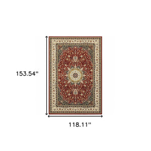 HomeRoots 5' Elegant Red and Ivory Floral Medallion Area Rug - Durable, Stain-Resistant Design for Any Room 9' X 12' 388316