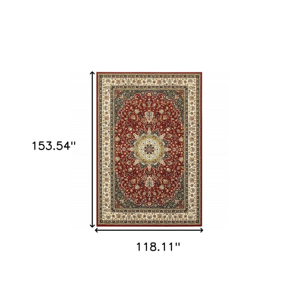 HomeRoots 5' Elegant Red and Ivory Floral Medallion Area Rug - Durable, Stain-Resistant Design for Any Room 9' X 12' 388316