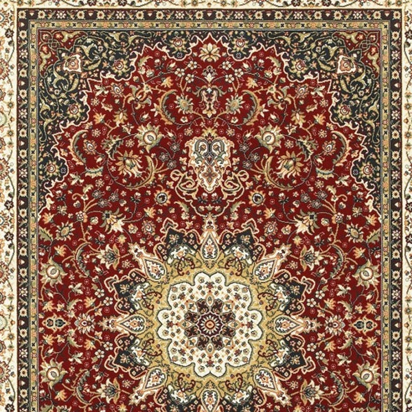 HomeRoots 5' Elegant Red and Ivory Floral Medallion Area Rug - Durable, Stain-Resistant Design for Any Room 9' X 12' 388316