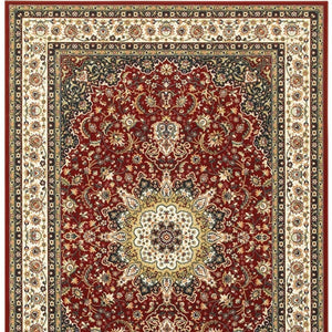 HomeRoots 5' Elegant Red and Ivory Floral Medallion Area Rug - Durable, Stain-Resistant Design for Any Room 9' X 12' 388316