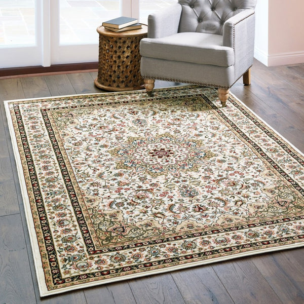 HomeRoots 5' Elegant Red and Ivory Floral Medallion Area Rug - Durable, Stain-Resistant Design for Any Room 3' X 6' 388318