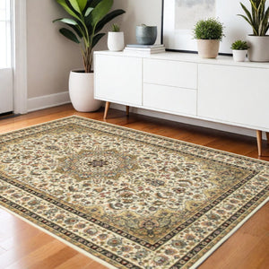 HomeRoots 5' Elegant Red and Ivory Floral Medallion Area Rug - Durable, Stain-Resistant Design for Any Room 3' X 6' 388318