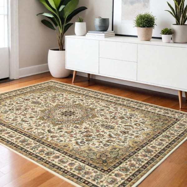 HomeRoots 5' Elegant Red and Ivory Floral Medallion Area Rug - Durable, Stain-Resistant Design for Any Room 3' X 6' 388318