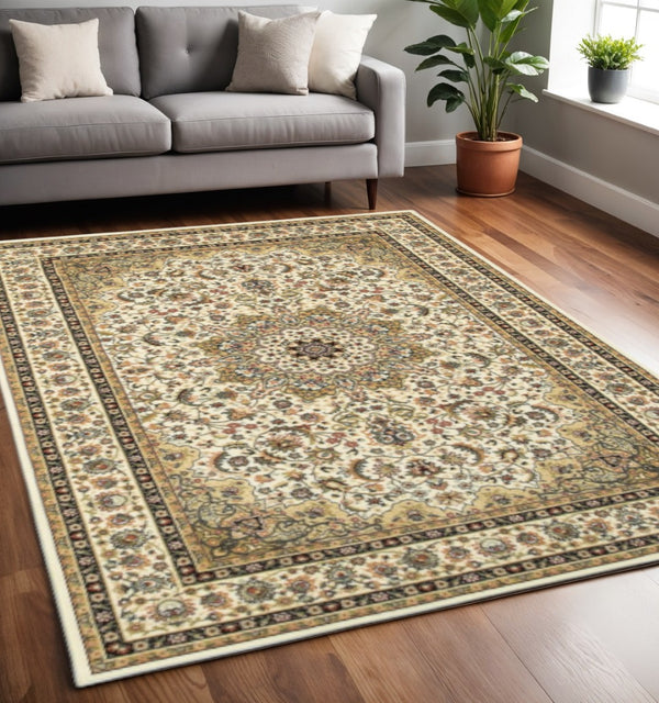 HomeRoots 5' Elegant Red and Ivory Floral Medallion Area Rug - Durable, Stain-Resistant Design for Any Room 5' X 8' 388319