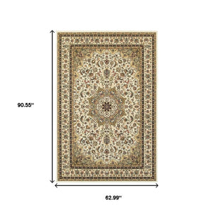 HomeRoots 5' Elegant Red and Ivory Floral Medallion Area Rug - Durable, Stain-Resistant Design for Any Room 5' X 8' 388319