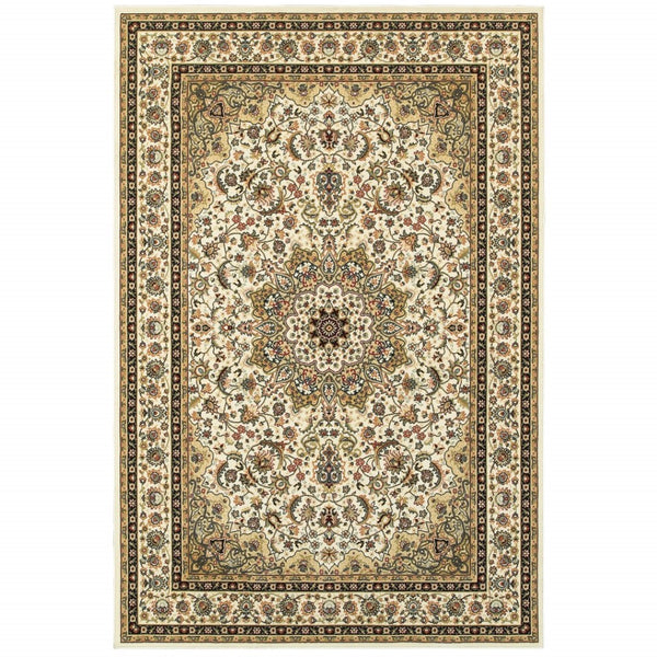 HomeRoots 5' Elegant Red and Ivory Floral Medallion Area Rug - Durable, Stain-Resistant Design for Any Room 6' X 9' 388320