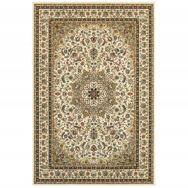 HomeRoots 5' Elegant Red and Ivory Floral Medallion Area Rug - Durable, Stain-Resistant Design for Any Room 6' X 9' 388320
