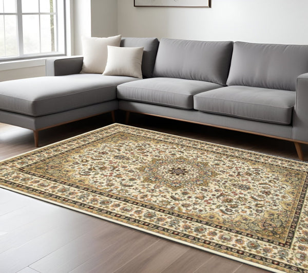 HomeRoots 5' Elegant Red and Ivory Floral Medallion Area Rug - Durable, Stain-Resistant Design for Any Room 6' X 9' 388320