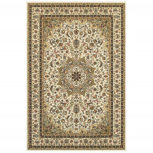 HomeRoots 5' Elegant Red and Ivory Floral Medallion Area Rug - Durable, Stain-Resistant Design for Any Room 7' X 10' 388321