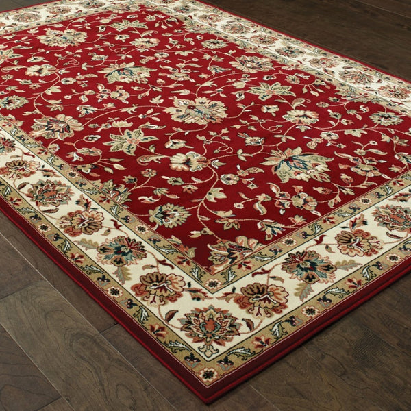 HomeRoots 4' Red and Ivory Oriental Area Rug - Timeless Design, Durable, Stain Resistant for Everyday Living 5' X 8' 388325