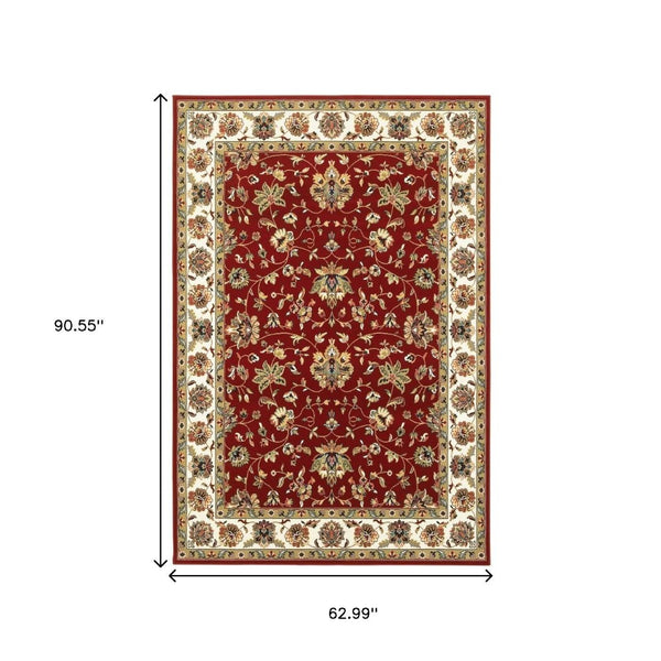 HomeRoots 4' Red and Ivory Oriental Area Rug - Timeless Design, Durable, Stain Resistant for Everyday Living 5' X 8' 388325