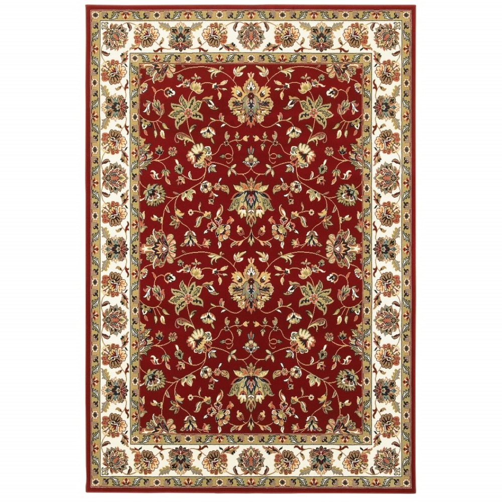 HomeRoots 4' Red and Ivory Oriental Area Rug - Timeless Design, Durable, Stain Resistant for Everyday Living 6' X 9' 388326