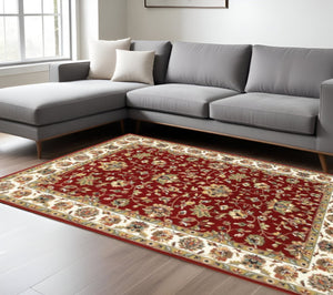 HomeRoots 4' Red and Ivory Oriental Area Rug - Timeless Design, Durable, Stain Resistant for Everyday Living 6' X 9' 388326