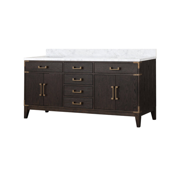 English Elm Brown Oak 72" Double Bathroom Vanity with Carrara Marble Top, Solid Wood, Soft-Close Drawers, Ample Storage B2731P259879