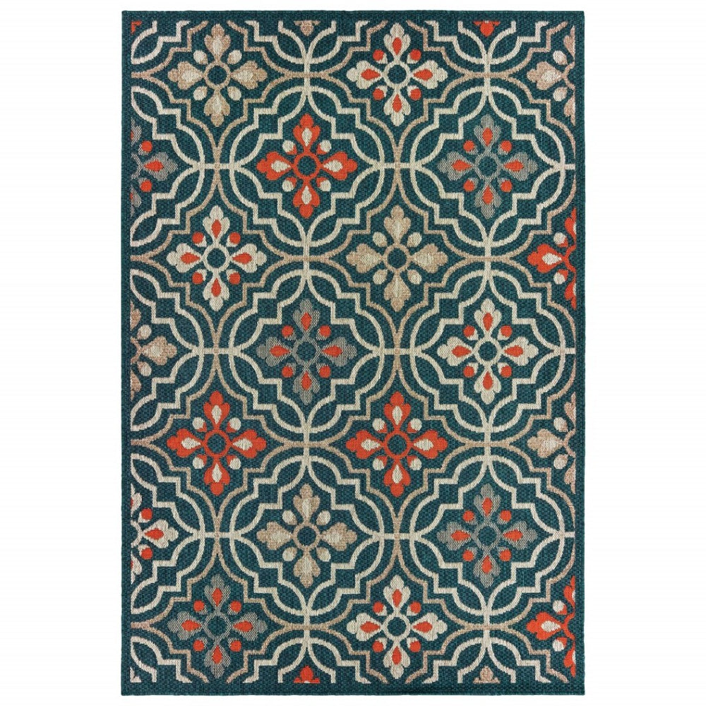 HomeRoots 5' Moroccan Indoor/Outdoor Area Rug - Vibrant Blue & Orange Quatrefoil Design for Any Space Teal/ Orange 5'3" x 7'3" 388361