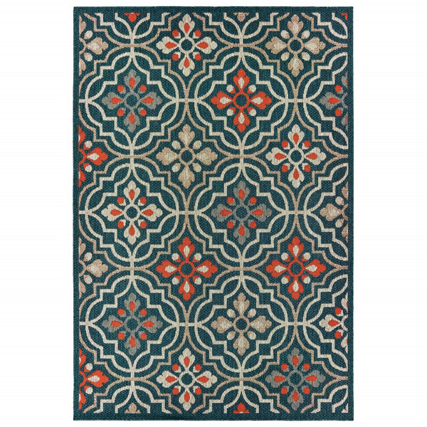 Homeroots 5' X 7' Blue And Orange Moroccan Indoor Outdoor Area Rug Teal,Orange Polypropylene 388361
