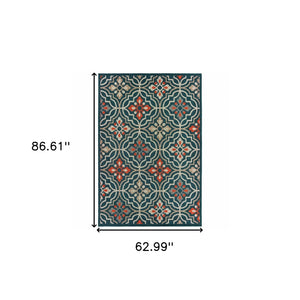 Homeroots 5' X 7' Blue And Orange Moroccan Indoor Outdoor Area Rug Teal,Orange Polypropylene 388361