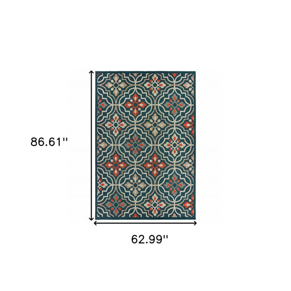 Homeroots 5' X 7' Blue And Orange Moroccan Indoor Outdoor Area Rug Teal,Orange Polypropylene 388361