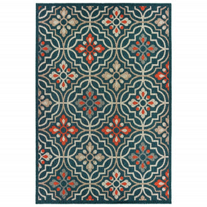 Homeroots 7' X 9' Blue And Orange Moroccan Indoor Outdoor Area Rug Teal,Orange Polypropylene 388362