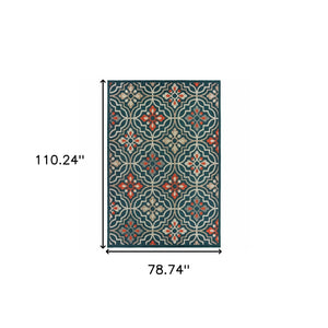 Homeroots 7' X 9' Blue And Orange Moroccan Indoor Outdoor Area Rug Teal,Orange Polypropylene 388362