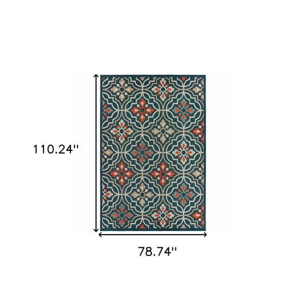 Homeroots 7' X 9' Blue And Orange Moroccan Indoor Outdoor Area Rug Teal,Orange Polypropylene 388362