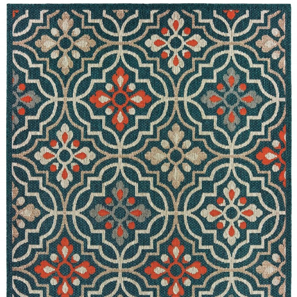 Homeroots 8' X 10' Blue And Orange Moroccan Indoor Outdoor Area Rug Teal,Orange Polypropylene 388363