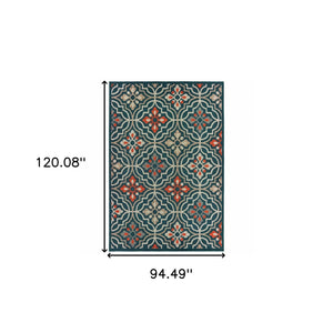 Homeroots 8' X 10' Blue And Orange Moroccan Indoor Outdoor Area Rug Teal,Orange Polypropylene 388363