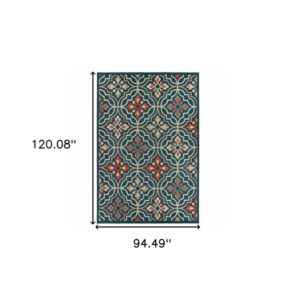 Homeroots 8' X 10' Blue And Orange Moroccan Indoor Outdoor Area Rug Teal,Orange Polypropylene 388363