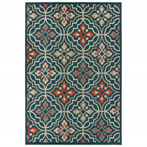 Homeroots 10' X 13' Blue And Orange Moroccan Indoor Outdoor Area Rug Teal,Orange Polypropylene 388364