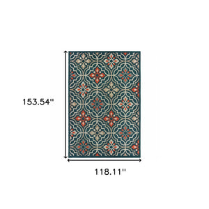 Homeroots 10' X 13' Blue And Orange Moroccan Indoor Outdoor Area Rug Teal,Orange Polypropylene 388364