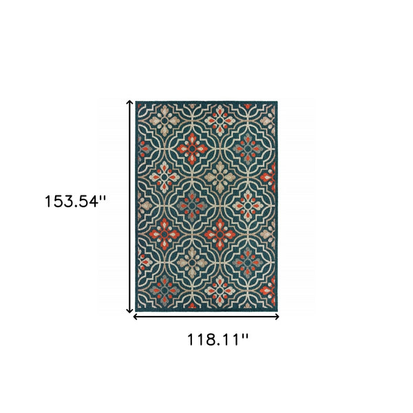 Homeroots 10' X 13' Blue And Orange Moroccan Indoor Outdoor Area Rug Teal,Orange Polypropylene 388364