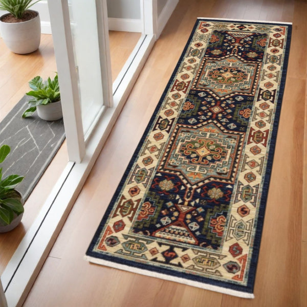 HomeRoots 6' Handmade Wool Runner Rug in Blue and Ivory - Artisanal Style for Hallways and Narrow Spaces 2' x 6' 388366