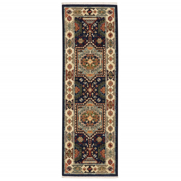 HomeRoots 6' Handmade Wool Runner Rug in Blue and Ivory - Artisanal Style for Hallways and Narrow Spaces 2'6" x 12' 388367