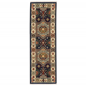 HomeRoots 6' Handmade Wool Runner Rug in Blue and Ivory - Artisanal Style for Hallways and Narrow Spaces 2'6" x 12' 388367