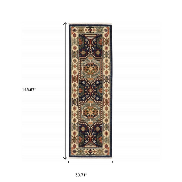 HomeRoots 6' Handmade Wool Runner Rug in Blue and Ivory - Artisanal Style for Hallways and Narrow Spaces 2'6" x 12' 388367