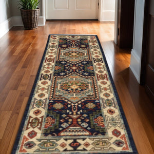 HomeRoots 6' Handmade Wool Runner Rug in Blue and Ivory - Artisanal Style for Hallways and Narrow Spaces 2'6" x 12' 388367