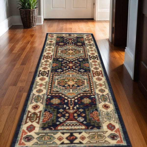 HomeRoots 6' Handmade Wool Runner Rug in Blue and Ivory - Artisanal Style for Hallways and Narrow Spaces 2'6" x 12' 388367