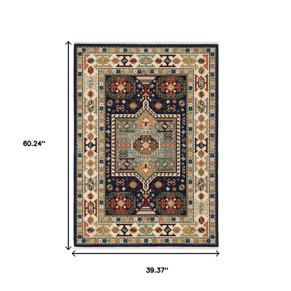 HomeRoots 6' Handmade Wool Runner Rug in Blue and Ivory - Artisanal Style for Hallways and Narrow Spaces 3'3" x 5' 388368